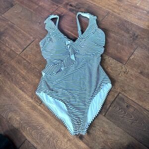 Niptuck Women's Size 4 One Piece Swimsuit Blue White Striped Ruffle V Neck